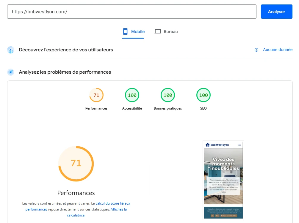 PageSpeed Insights BnB West Lyon