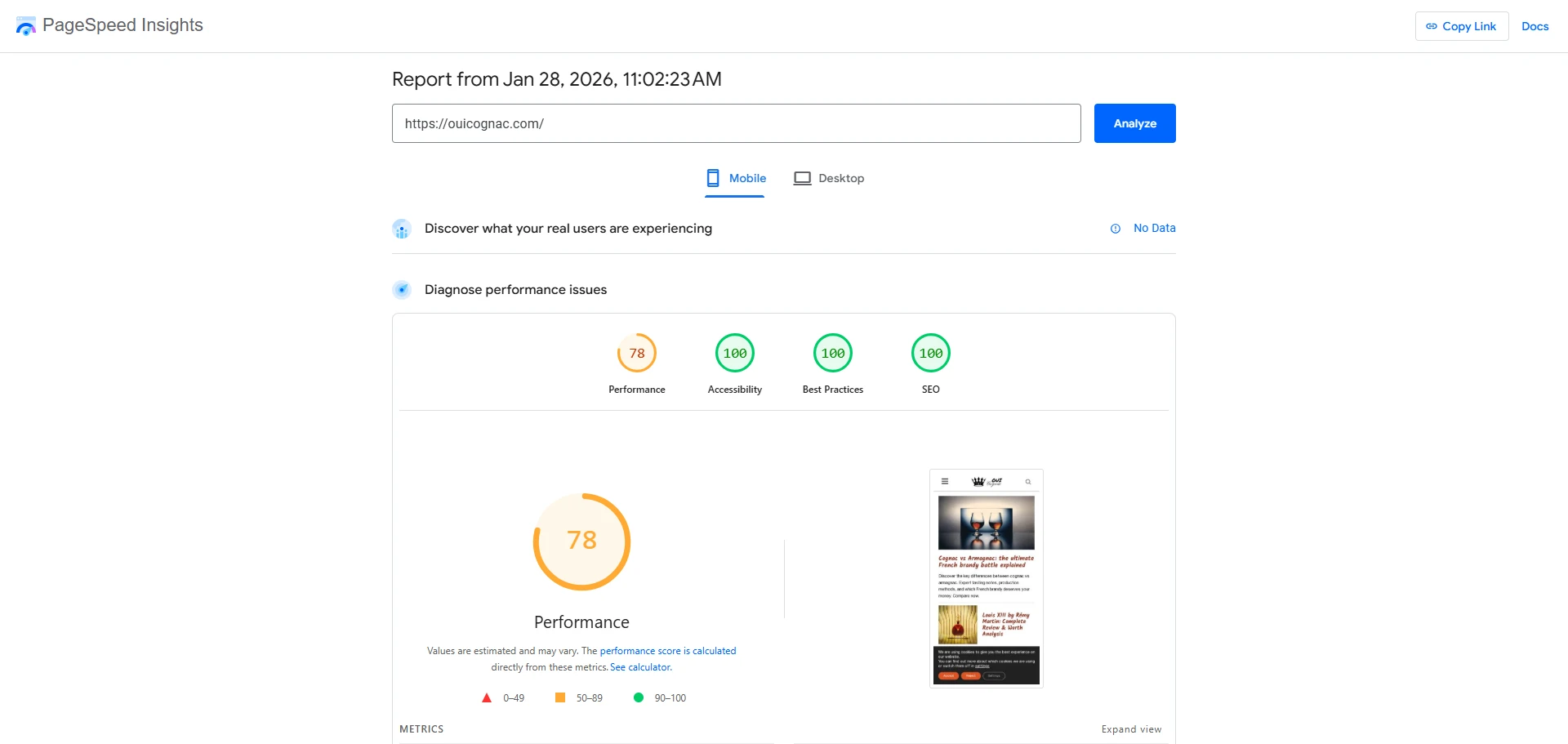Capture PageSpeed Insights démontrant l'optimisation web performance réalisée sur Oui Cognac