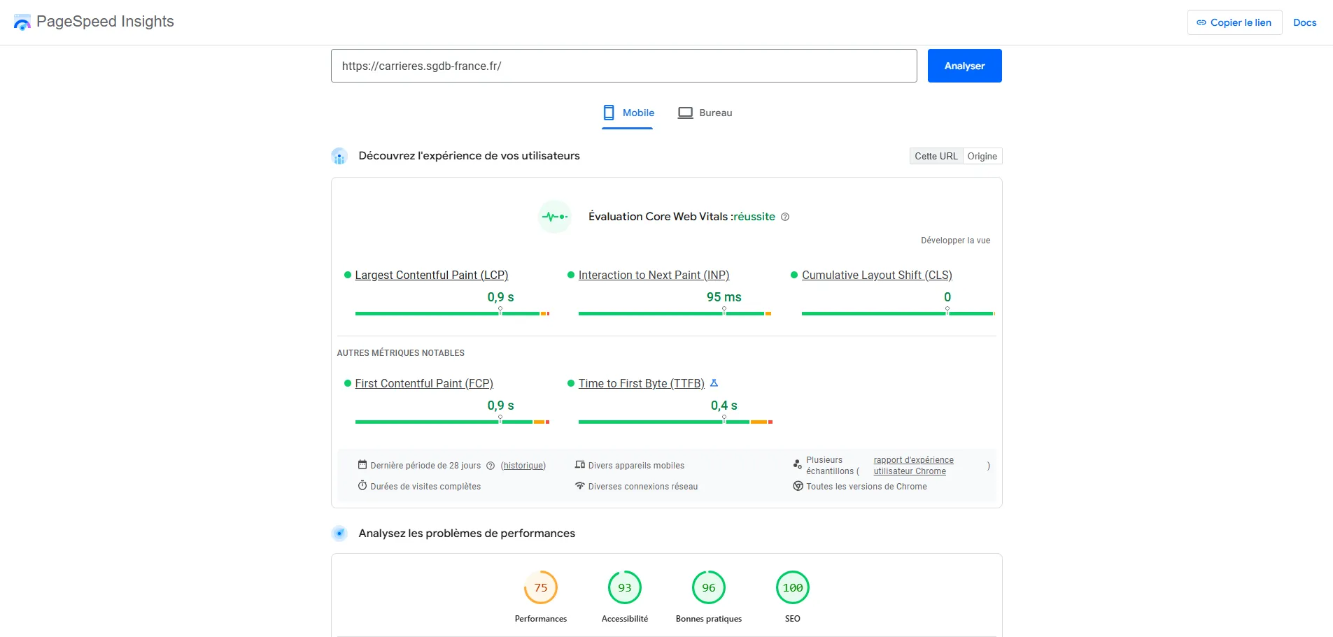 SGDBF : les metrics PageSpeed Insight mobile